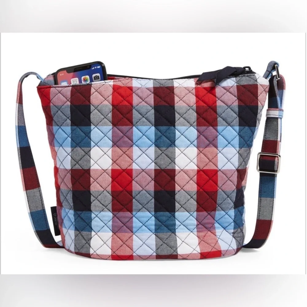 Vera Bradley Patriotic Plaid Bucket Crossbody Bag Quilted Adjustable Retired - Picture 12 of 12